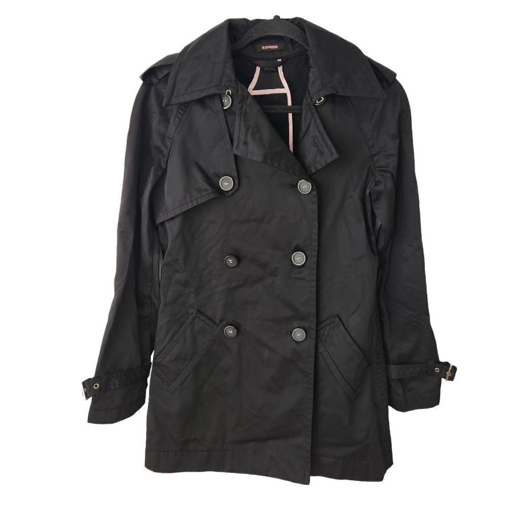 Express Black Button Down Mid Length Double Breasted Trenchcoat Women's 2